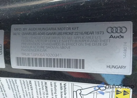 2010 Audi Tts 2.0T Premium z USA, uszkodzony, nr VIN TRUK1AFK6A1020341